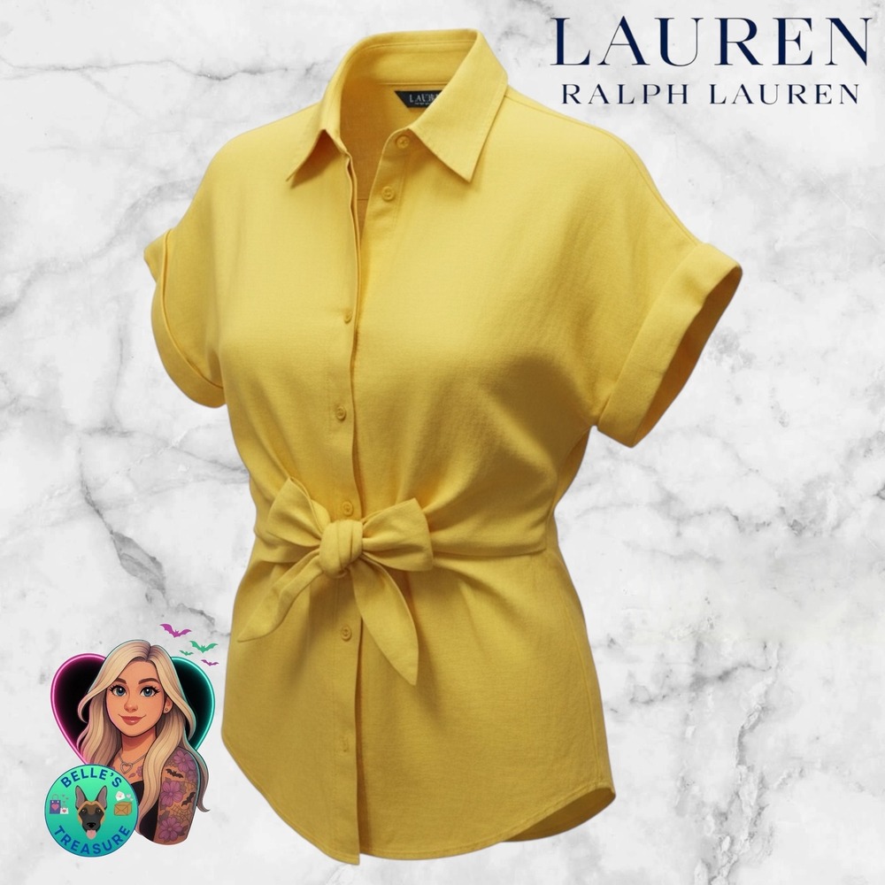 Ralph Lauren LRL Yellow‎ 100% Linen Bow Tie Waist Button Down Shirt  Womens XXS